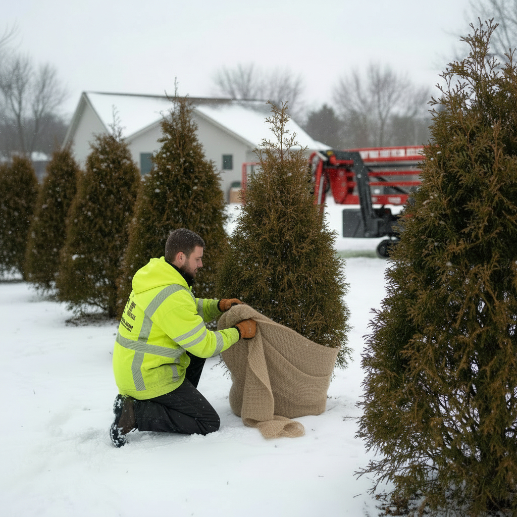 Wrapping Arborvitae with Burlap for Winter Protection Grapple saw truck and chip truck at a Husky Tree Services job in Waukesha County