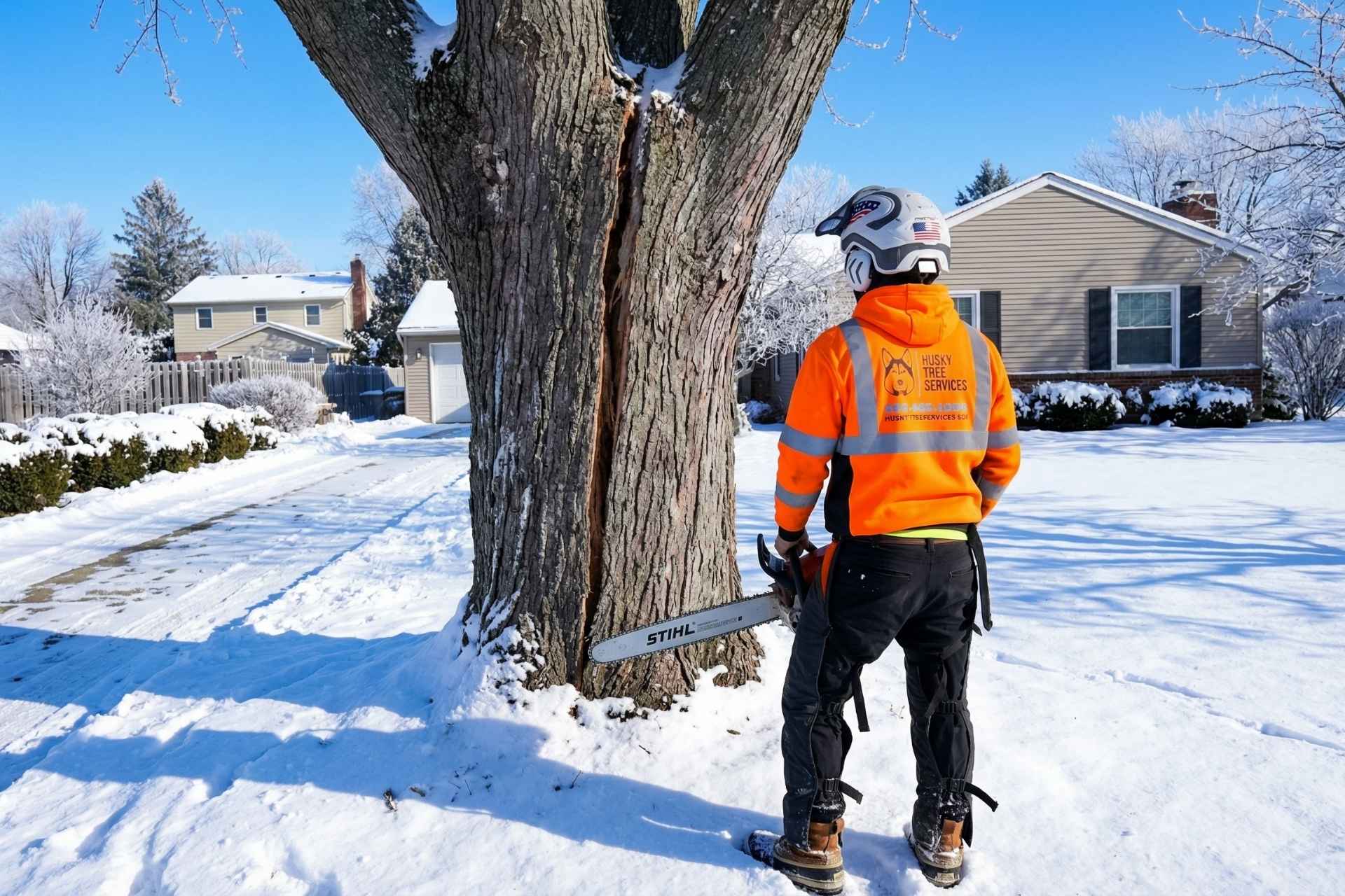 Husky Tree Services crew performing tree removal in Muskego, WI