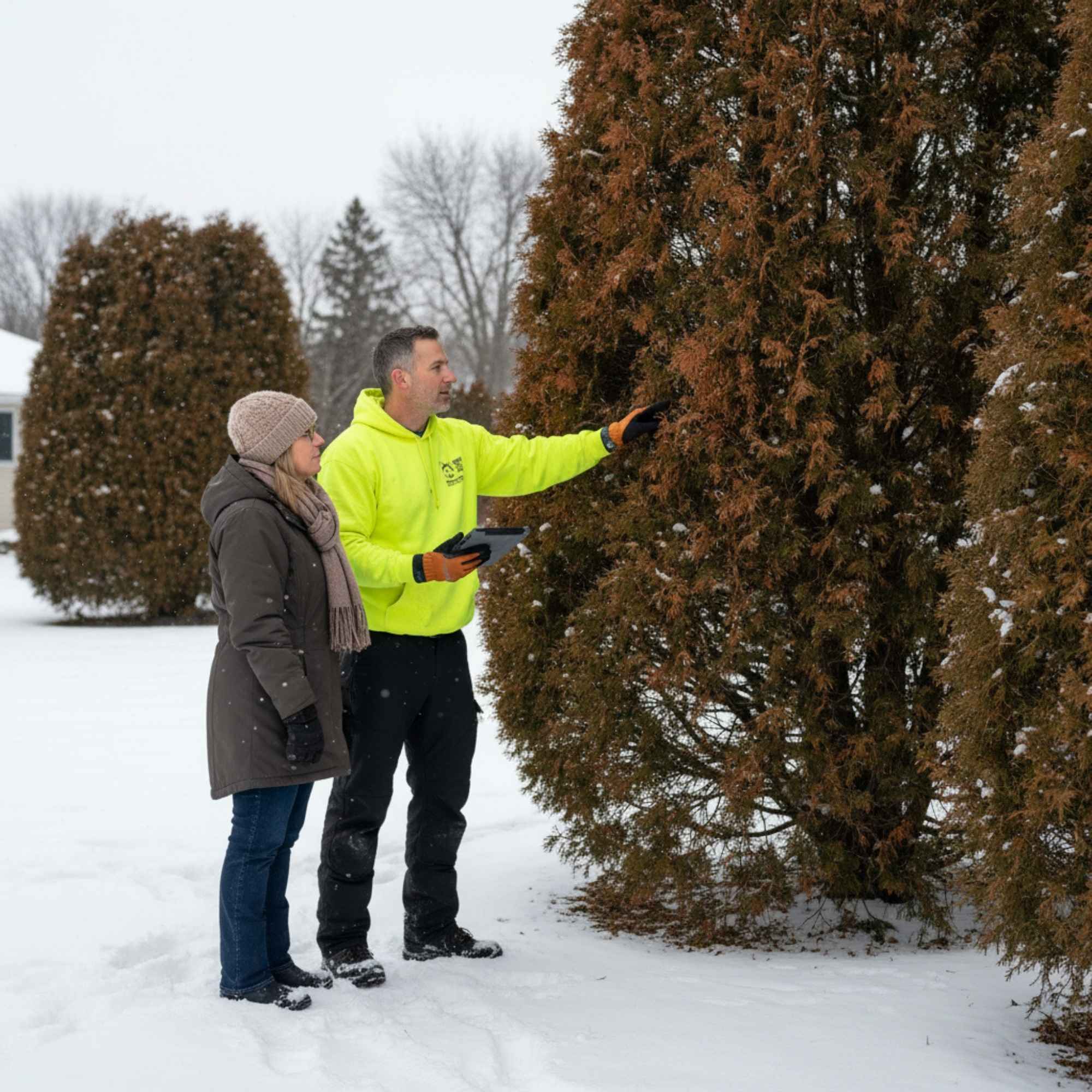Winter Burn Arborvitae Inspection with Homeowner Arborist explaining winter burn damage on arborvitae to homeowner in Wisconsin backyard