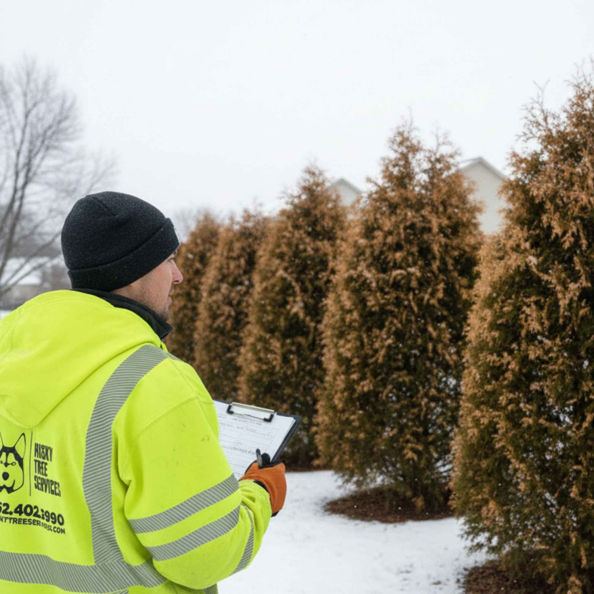 Winter Burn Inspection on Arborvitae in Wisconsin Husky Tree Services crew performing tree removal in Muskego, WI