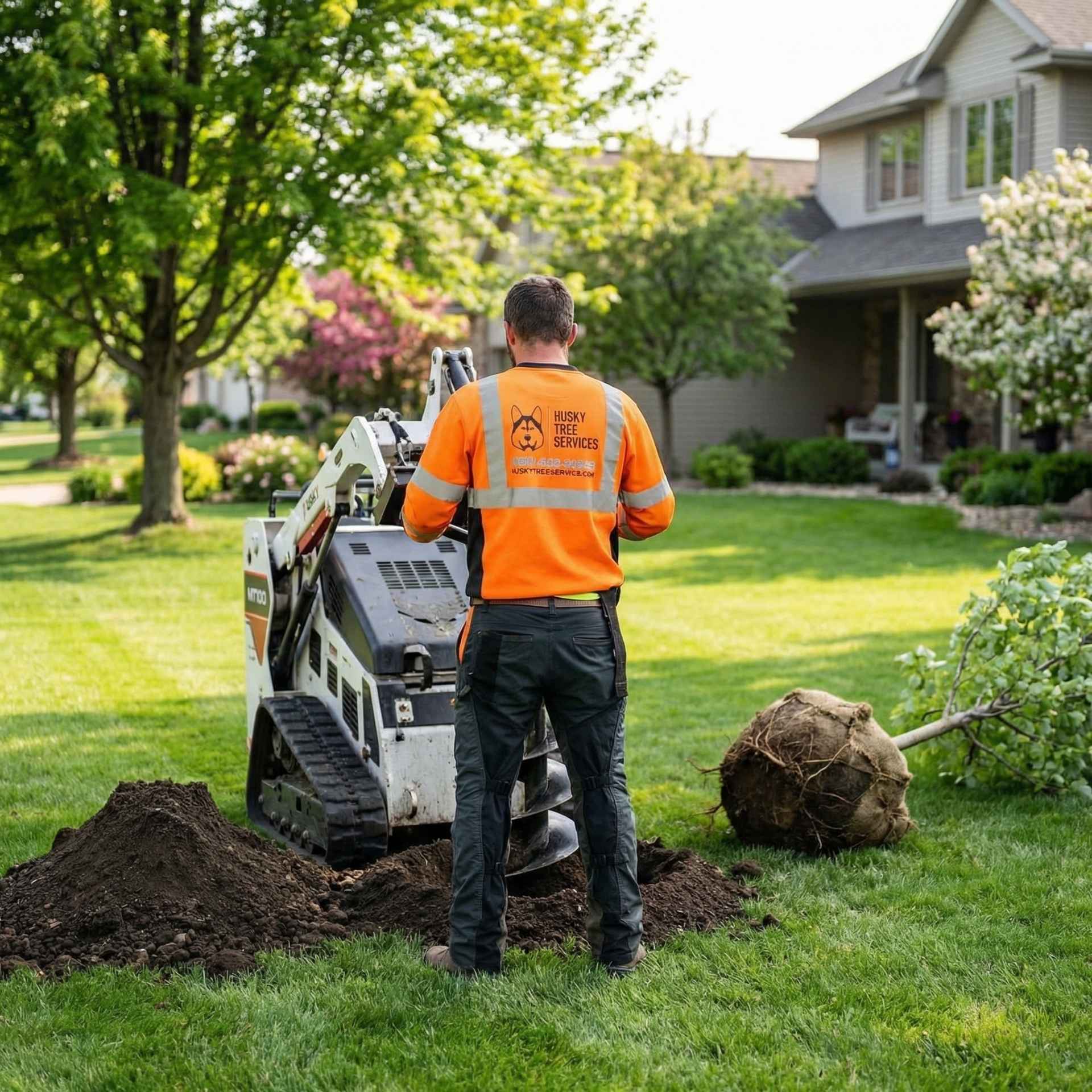 Professional tree planting service by Husky Tree Services in Southeast Wisconsin using compact equipment to install a new landscape tree